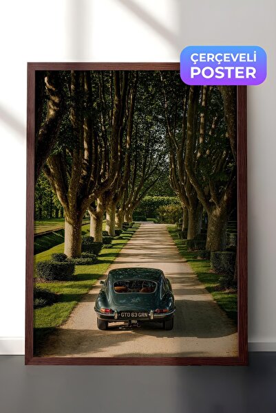 Postifull Classic Car and Tree-Lined Road Poster, Brown Framed Poster, Old Mo...