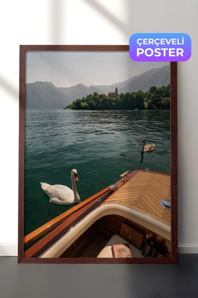 Postifull Swans and Lake Scenery Poster, Brown Framed Poster, Old Money Serie...