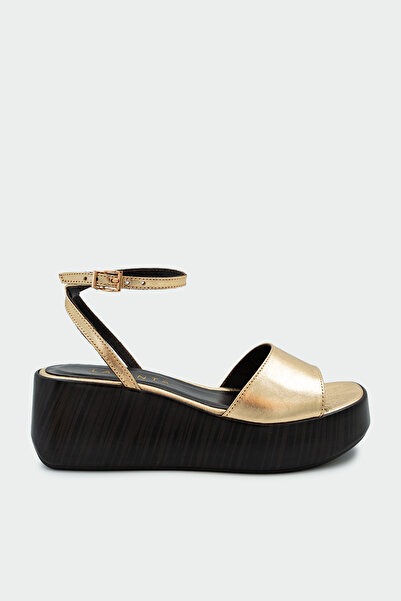 LAMİNTA Lezy Single Strap Genuine Leather Platform Women's Gold Sandals