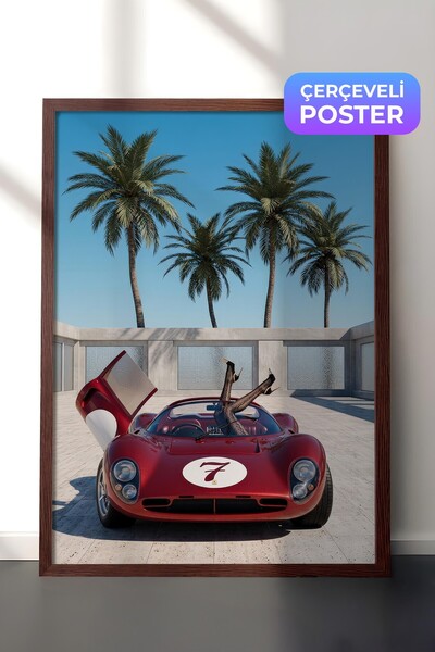 Postifull Kırmızı Araba ve Palmiye Ağaçları Posteri, Kahverengi Çerçeveli Pos...