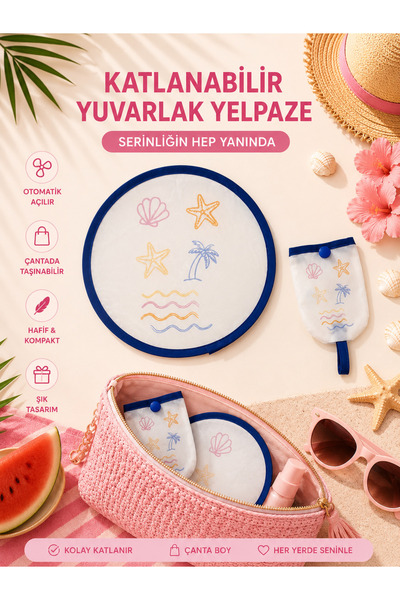 Katlanabilir Cep Yelpazesi – Deniz Temalı Yuvarlak Taşınabilir Yelpaze Kılıflı