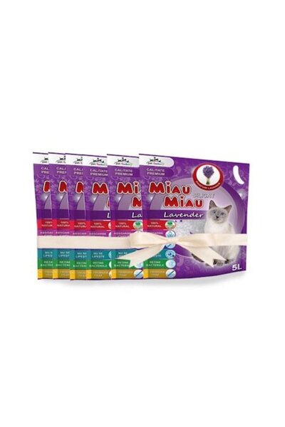 MIAU MIAU Set 6 bucăți x Așternut igienic pentru pisici, Silicate Lavandă, 5 L