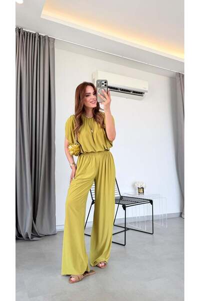 pelin yıldız butik Yeşil Sandy Omuzu Drapeli Crop Pantolon Takım