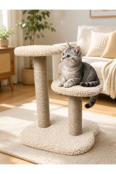 step iki basamaklı kedi tırmalaması krem renk kedi kafalı tasarım