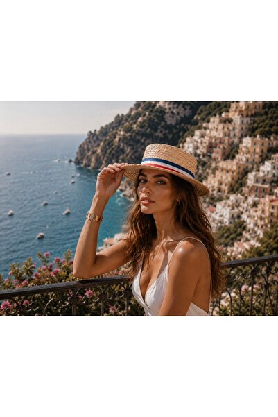 DESS DESIGN Women's Summer Stripe Detailed Boater Straw Hat