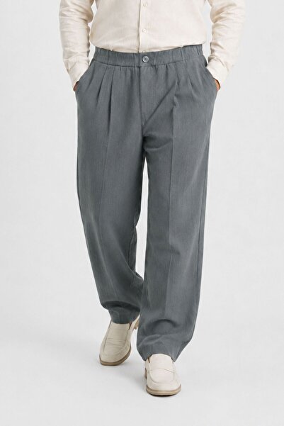 RELAXL Summer Striped False Buttoned 100% Cotton Baggy Trousers Dark Gray