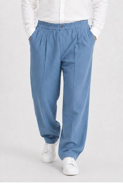 RELAXL Summer 100% Cotton Striped Wide-Leg Men's Baggy Pants Indigo Blue