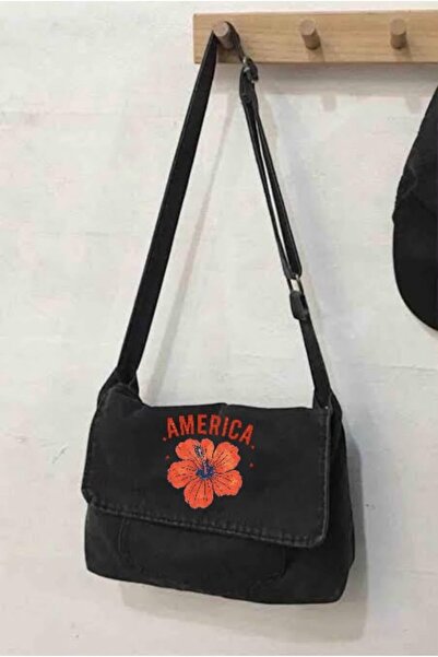 Minga London Black America Floral Printed Denim Messenger Bag