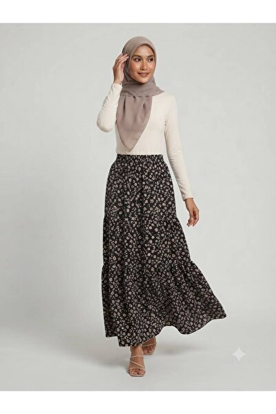520CK Women's Black Floral Patterned Skirt with Ruffles - Long Skirt - Hijab ...