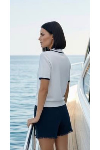 Pollena Women's Thin Knitwear Short Sleeve Line Detailed Hn1475