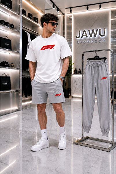 JAWÜ STYLE Fi̇ Printed Oversize Cotton Combination Set Tshirt-Shorts-Sweatpan...