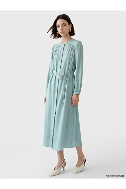 LC Waikiki Trendlucky Dress with Oval Neckline, Gathered Waist, and Belt