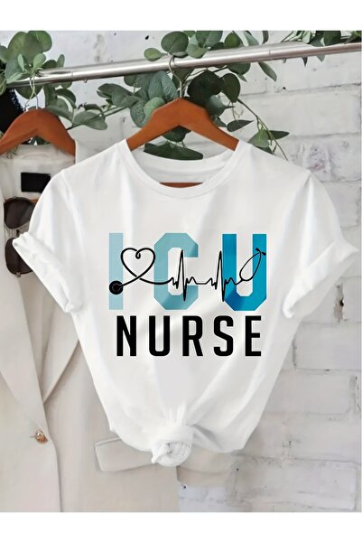12 Teknoloji Wo's ICU Nurse Uniform TShirt ECG Heart Design NURSE Lettering A...