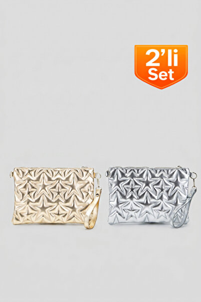 Belinabag 2'li Set Yıldız Dikişli Clutch Star Kadın Çanta Gold Ve Gümüş Rugan...