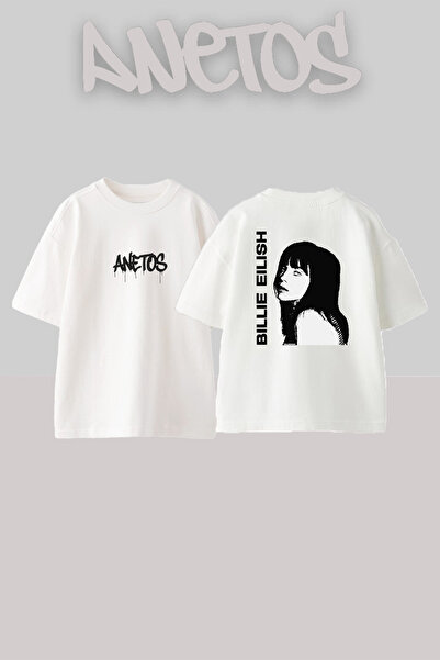 Anetos Billie Eilish_69 dizajn, štampana unisex majica prevelikog kroja, bela