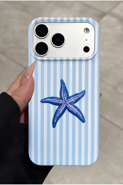 KVK PRİVACY iPhone 17 Pro Uyumlu Mavi Deniz Yıldızı Desenli Çizgili Kadifemsi...