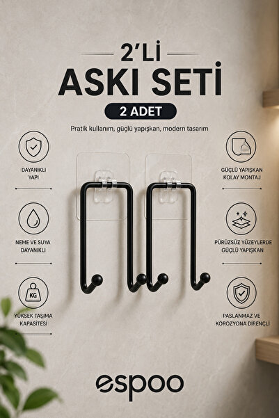 Espoo Design Yapışkanlı 2 Adet Çift Kancalı Banyo Mutfak Askısı Metal Askılık...