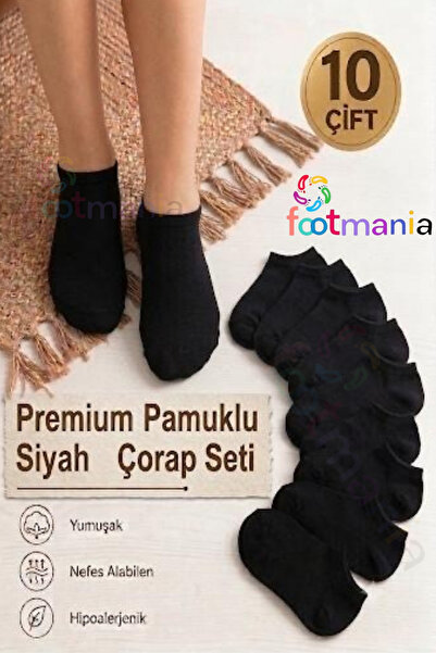 footmania 10'lu Kadın Siyah Patik Bilek Çorap Pamuklu