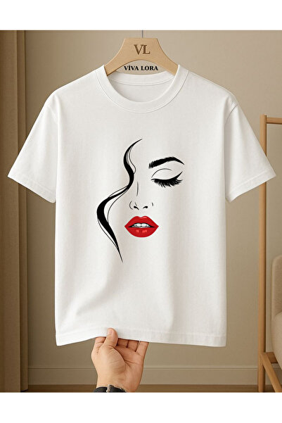 VİVA LORA Red Lip Printed Half Face Printed 100% Cotton Crewneck Regular Wome...
