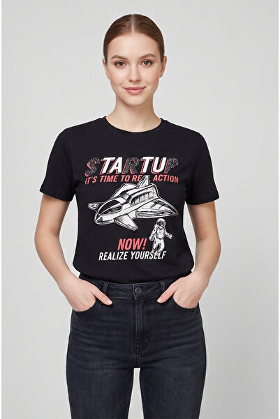 Collezione Women's Black Crew Neck 100% Cotton Space and Astronaut Printed T-...