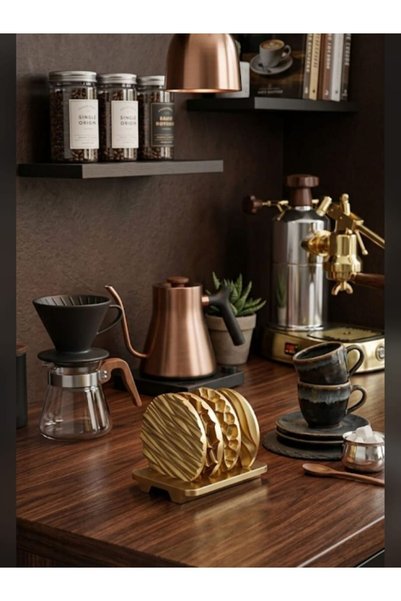 rakaymu Handmade Decorative Coaster Set of 4 Coasters with Stand Round Presentation Coaster Coffee Tea Cup Coaster Table Protector