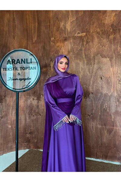 Aranlı tekstil Prenses Kesim Drapeli Kolu Taş Püsküllü Tesettür Abiye