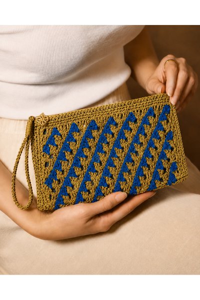 VELORA Mustard - Cobalt Blue Hand Knitted Paper Thread Women's Clutch Bag