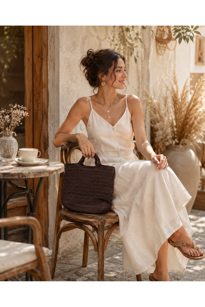 ZİVORA Women's Brown Hand Knitted Bag Bohemian Knitted Hand Bag Daily Summer ...