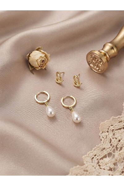 Çi & Sİ Luxury Accessory Gold Sarkıt Damla İnci Halka Küpe ve Minimal Taşlı X...
