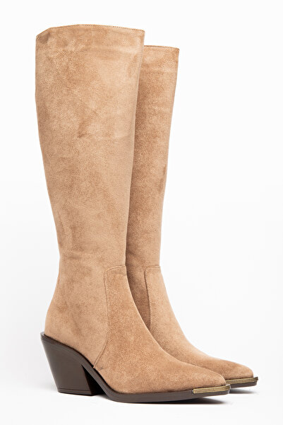 DENORA Mink Camel Matte Suede Metal Toe Cap Below the Knee Flat Zippered West...
