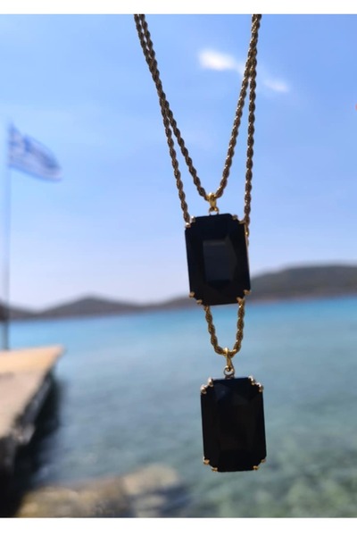 Handmade Χρυσό ατσάλινο κολιέ με μαύρα στρας