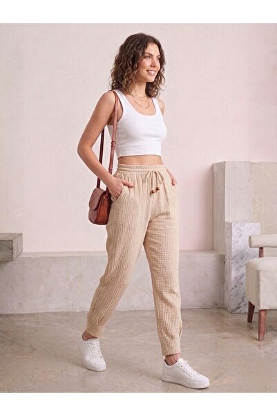 Flubutik Women's Cream Muslin Cotton Pleated Trousers
