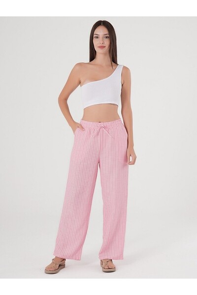 Flubutik Pink Striped Adjustable Waist Linen Cotton Trousers