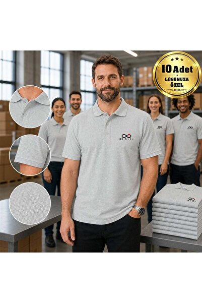 Bk Gift 10 Gray Polo Collar T-Shirts with Your Logo - Cotton Unisex Corporate...