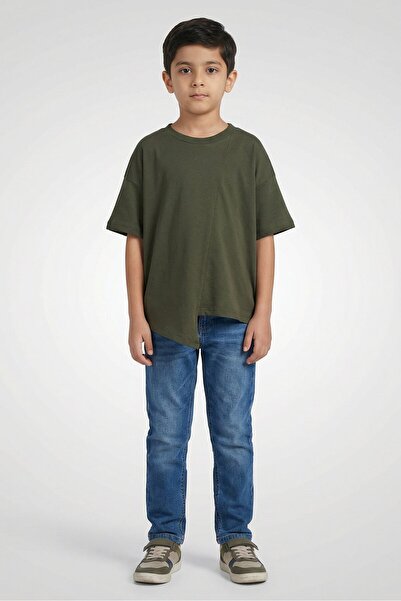 Litlhood Kids Boy Crew Neck Short Sleeve Plain T-Shirt, Olive