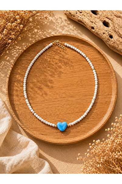 Marka Ecru Natural Stone Necklace with Blue Ceramic Heart