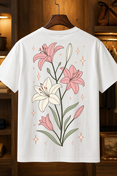 Spoyi Soft Lily Design 100% Cotton Half Oversize White T-Shirt