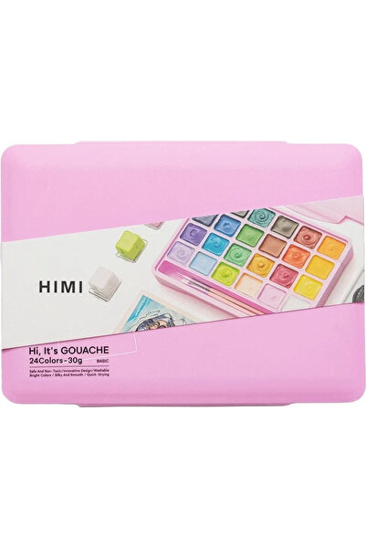 HIMI Jelly Cup Gouache Set Guaj Boya Seti 24 Renk x 30 gr. + 3 Fırça (Pink Case)