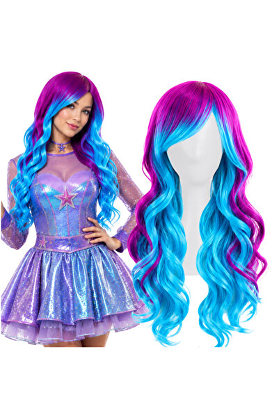 Korbi Perucă de cosplay lungă, albastră, violetă și ondulată