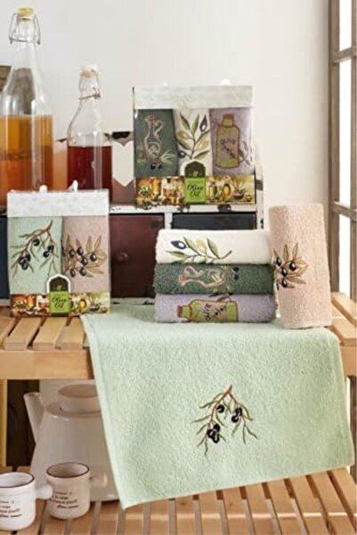Yıldızan Embroidered 3-Piece Kitchen and Hand & Face Towel Set 30X50 cm Olive...