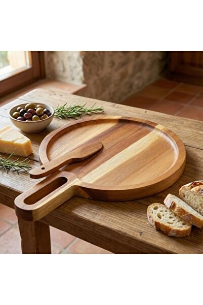 Yıldızan Natural Acacia Round Cheese Presentation Board and Knife Set – 19 cm...