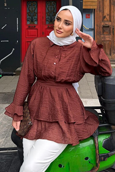N.S NEVA STYLE Tulle Modal Ruffle Sleeve Brown Hijab Tunic 95724Kh