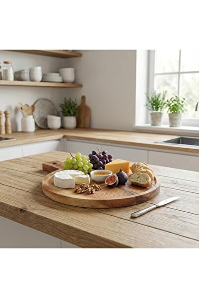 Yıldızan Msa Shop Natural Acacia Wood Round Presentation Board and Serving Tr...