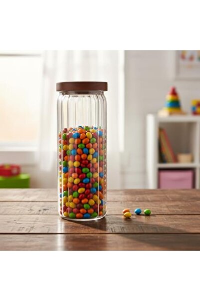 Yıldızan Msa Shop Acacia Lid Long Striped Glass Jar (1250 ml) |   Airtight, M...