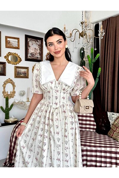 Dilek Vardar Rochie ecru cu imprimeu floral, cu guler mare și mâneci scurte