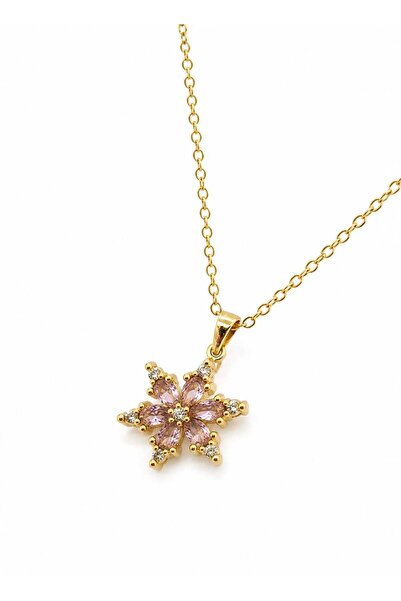 Swarovski Crystal Altın Kaplama Pembe Zirkon Taşlı Çiçek Kolye | Zarif Kadın ...