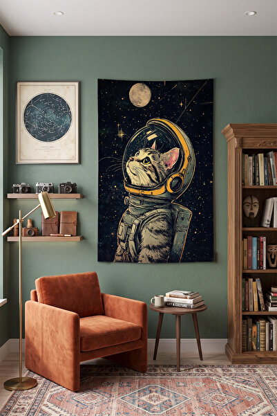 Milura Uzay Kedisi Astronot Kasklı Duvar Örtüsü – Modern Dekoratif Kaliteli K...