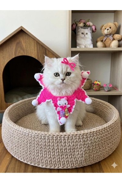 NAİLE COLLECTİON For Our Little Friends, Crocheted Hand-Knitted - Fuchsia - with Pompoms and Teddy Bear Figures (Cat & Dog Accessory)