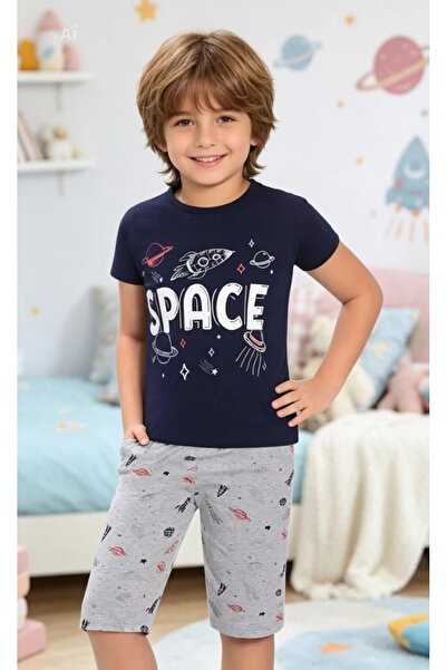 NiCe İç Giyim Boy's T-Shirt & Shorts Cotton Combed Cotton Pajama Set Navy Blu...