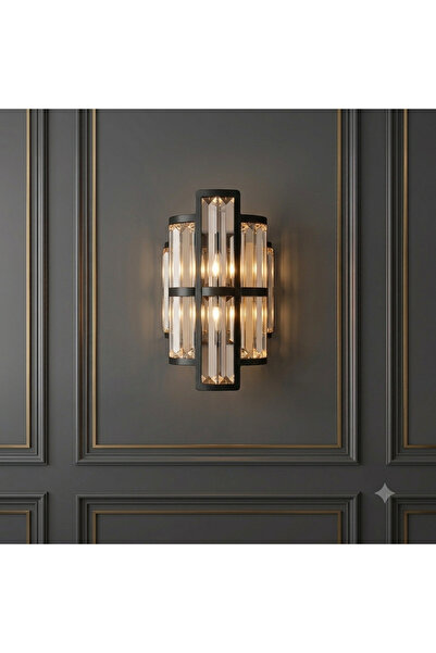 PareysHome Asya Siyah LED Duvar Apliği Kristal Dekoratif Aplik Pilli Elektrik...